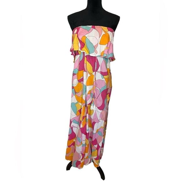NWT JAPNA STRAPLESS MAXI DRESS FLUTTER TOP GEOMETRIC SUMMER PRINT WOMEN XS - Picture 3 of 12